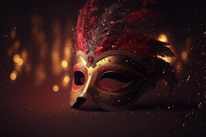 realistisk lyx karneval mask röd festlig bakgrund.. abstrakt suddig bakgrund, guld damm, och ljus effekter. generativ ai foto