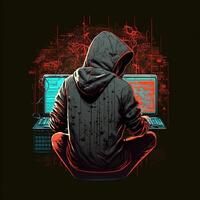 huvor hacker med bärbar dator på arbete. symbol av de darknet och olaglig aktiviteter på de internet. generativ ai foto