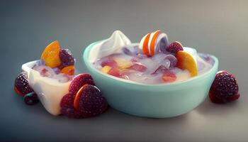 aptitlig efterrätt med is grädde med frukt och bär. ai genererad foto