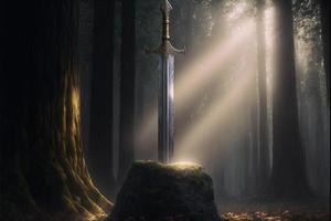 svärd excalibur fastnat i de sten i de mitten av de skog. digital illustration ai foto