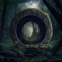 gammal portal tillverkad av sten i skuggig skog med trappa. ai foto