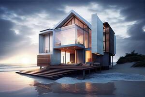 små lyx modern strand villa. modern arkitektur hus. generativ ai. digital konst illustration foto