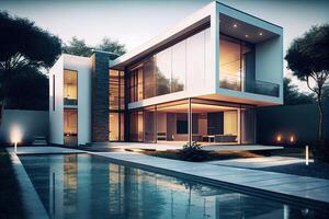 modern lyx hus med simning slå samman. modern villa, generativ ai. digital konst illustration foto