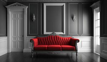 interiör mörk vägg med trä- formar och trä- träsnideri dekorationer och röd soffa . gammal klassisk victorian interiör stil. generativ ai foto