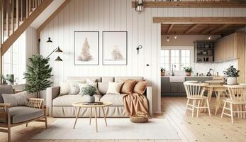 mysigt levande rum i scandinavian stil modern interiör design. genrativ ai foto