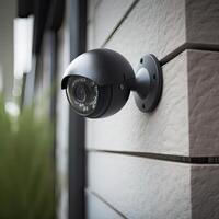 säkerhet, cCTV kameror i de kontor byggnad, och Hem säkerhet systemet begrepp med fläck bakgrund. utomhus- cCTV säkerhet kamera installerad på de byggnad vägg i de stad. generativ ai foto