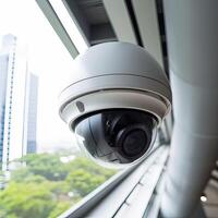 säkerhet, cCTV kameror i de kontor byggnad, och Hem säkerhet systemet begrepp med fläck bakgrund. utomhus- cCTV säkerhet kamera installerad på de byggnad vägg i de stad. generativ ai foto