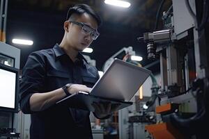 ingenjör med läsplatta dator på fabrik arbetsplats. industriell arbetstagare kontroller drift av robot produktion linje. skapas med generativ ai foto
