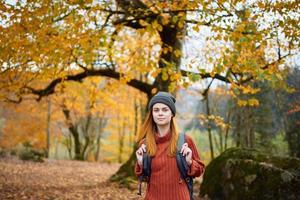 resande med en ryggsäck vilar i de höst skog i natur nära de träd foto