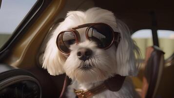 hund körning små bil med pilot glasögon, generativ ai foto