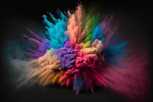 explosion av molnig, färgrik pulver. frysa rörelse av Färg pulver exploderar, på svart bakgrund, generativ ai. foto