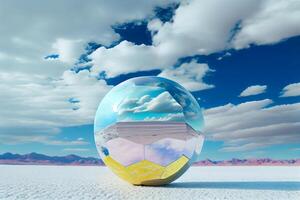 glas sfär med moln reflektioner salt platt illustration generativ ai foto