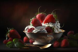 jordgubbar med grädde i en glas kopp illustration generativ ai foto