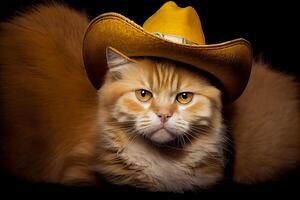 röd katt i en gul cowboy hatt, rolig katt illustration generativ ai foto