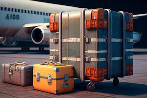 övergripande resväskor bagage och lådor, bagage läser in på de plan i flygplats illustration generativ ai foto