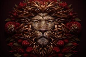 lyx röd guld lejon ansikte mask på mörk bakgrund generativ ai foto