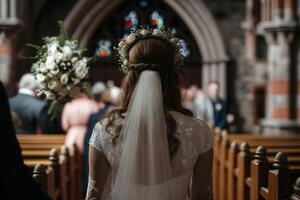 flicka brud går in de kyrka för äktenskap bröllop illustration generativ ai foto