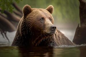 grizzly Björn fiske i de flod generativ ai foto