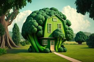 tecknad serie broccoli hus i skog illustration generativ ai foto