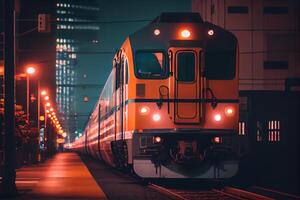 tåg godkänd genom de natt stad illustration generativ ai foto