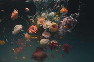 blommor under vatten, blomma stänk i mörk illustration generativ ai foto