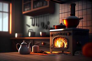 Hem bekvämlighet värma lampor nära en trä- hus illustration generativ ai foto