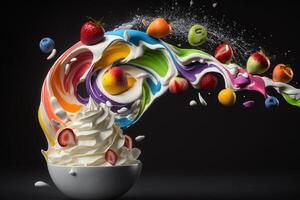 efterrätt mjölk yoghurt med frukt bär flyg illustration generativ ai foto