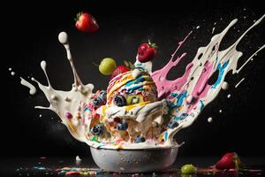 frukt yoghurt stänk mjölk blåsa smaker illustration generativ ai foto