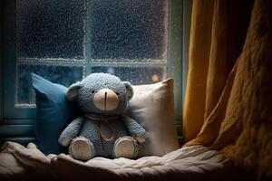 teddy Björn insvept i en överkast lögner i säng, regnig humör illustration generativ ai foto
