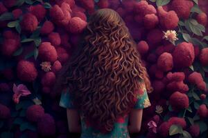 frodig tjock lockigt hår kvinna på blomma bakgrund skönhet vård illustration generativ ai foto