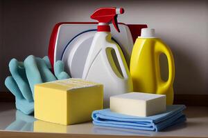 diskning Tillbehör rengöringsmedel och tvättlappar illustration generativ ai foto