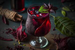 uppfriskande hibiskus blad röd te dryck generativ ai foto