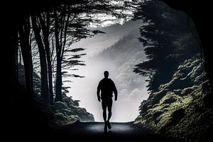 silhuett av ett idrottare löpning i en mörk skog illustration generativ ai foto