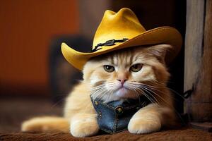 röd katt i en gul cowboy hatt, rolig katt illustration generativ ai foto
