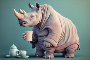 noshörning med en kopp av kaffe tecknad serie konst illustration generativ ai foto