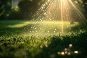 vattning de gräsmatta gräs i de parkera vatten stänk mot de bakgrund av de Sol generativ ai foto