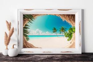 tropisk strand med blå vatten och handflatan träd, attrapp ram illustration generativ ai foto