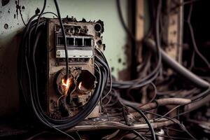 sparken koppar ledningar, klump med bränd trådar illustration generativ ai foto