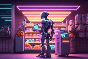 de robot kom handla till de Lagra neon ljus illustration generativ ai foto