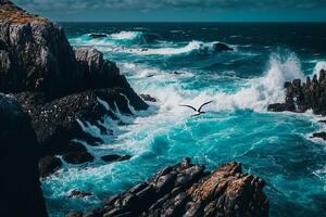 blå hav vågor kraschar in i sten stenar och ensam fågel generativ ai foto
