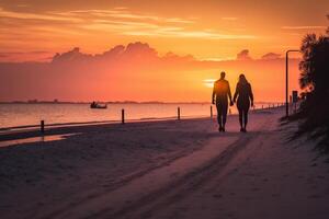par i kärlek människor gående på de strand på orange Sol himmel solnedgång generativ ai foto