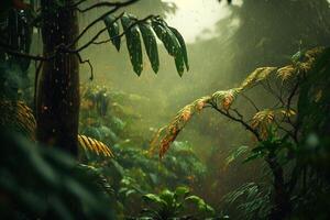 grön djungel blad i regn natur bakgrund illustration generativ ai foto