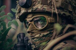 huvud soldat hjälm mask militär kamouflage nät generativ ai foto