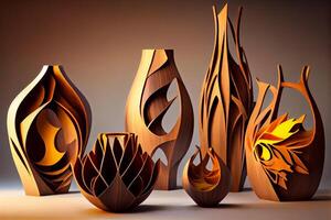 handgjort eleganta trä- vaser, hantverk konst i trä illustration generativ ai foto