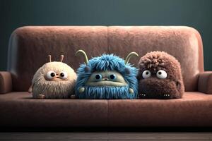 plysch hus sällskapsdjur monster Sammanträde på de soffa tittar på TV illustration generativ ai foto