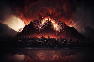 utbrott vulkan på stad illustration generativ ai foto