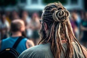hippie man med dreadlocks i festival tillbaka se illustration generativ ai foto