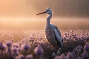 stork i de morgon- Sol i en lavendel- blomma fält, fågel på soluppgång generativ ai foto