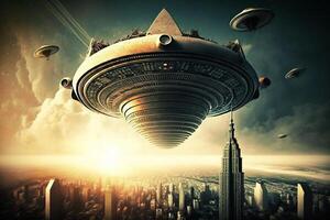 filmiska UFO Plats maträtter över de stad metropol illustration generativ ai foto