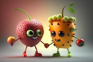 jordgubb och ananas roligt frukt karaktär illustration generativ ai foto